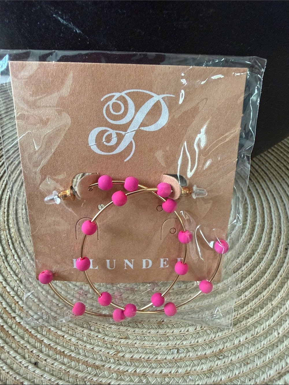 Plunder Gold-Tone Open Hoop Earrings with Bright Pink Beads Pierced NWT